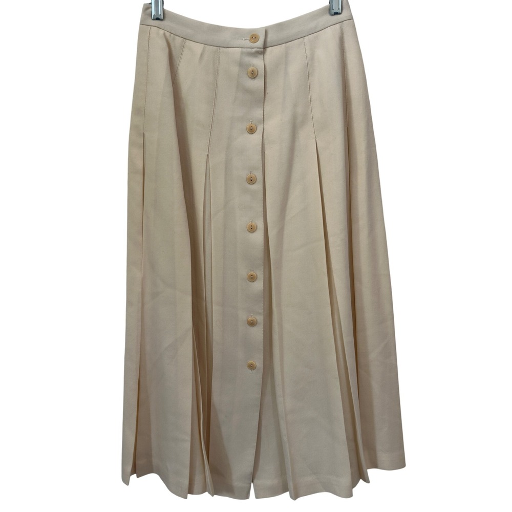 Talbots Skirt Vintage 90s Cream Wool Pleated Button Front Midi Petites 6P Women